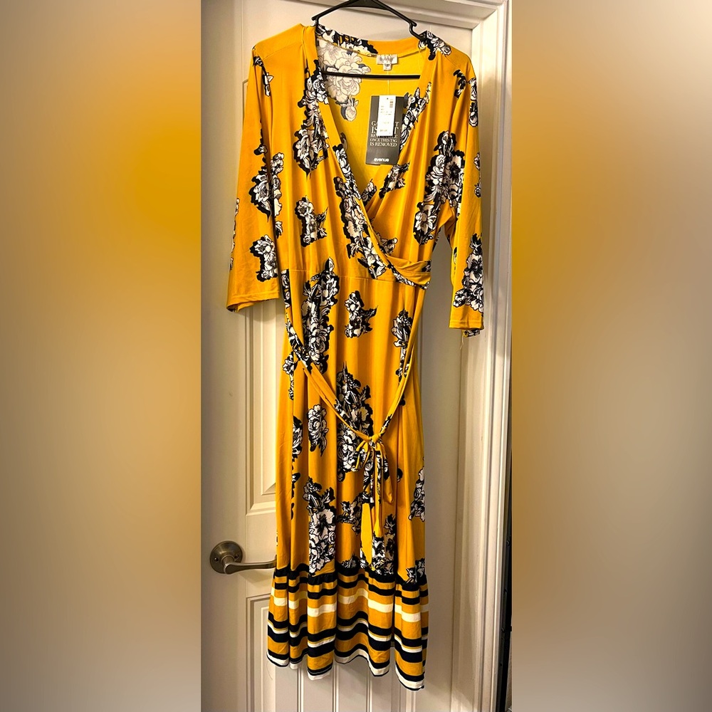 Avenue Gold Wrap Midi Dress with 3/4 Sleeves